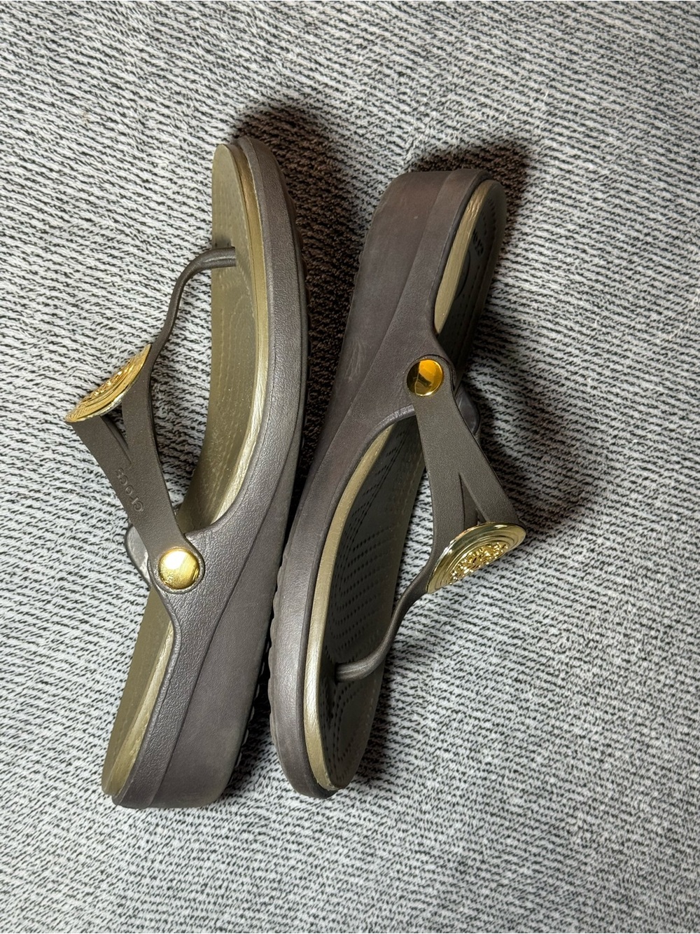 CROCS Brown Sandal with Gold Medallion Accent - Picture 3 of 5
